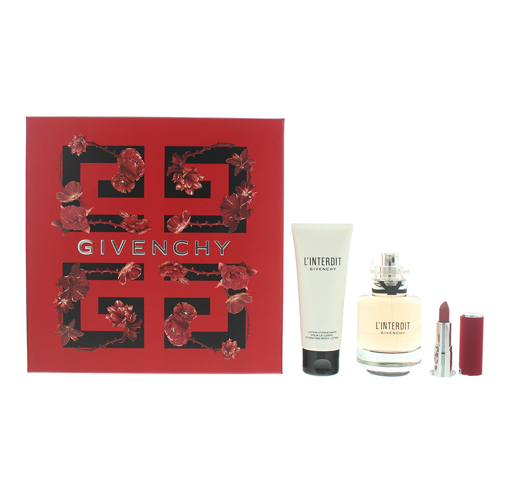 Givenchy L'interdit 3 Pcs:  Eau De Parfum 80ML + Body Lotion 75ML + Le Rouge Deep Velvet Lipstick 1.5G