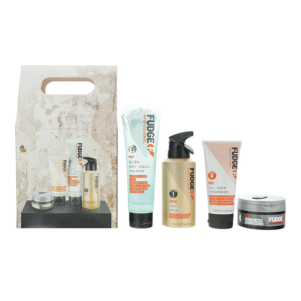 Fudge Professional Innovation 4 Piece Gift Set: Blow Primer 150ml - Hed Shine 144ml - Hair Tickener 75g -Hair Wax 75g