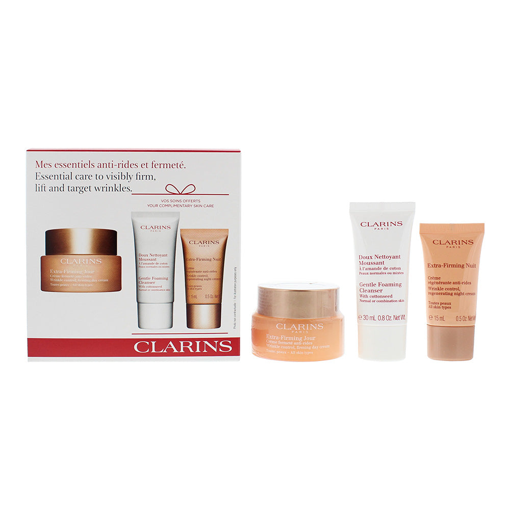 Clarins 3 Piece Gift Set: Extra Firming Day Cream 50ml - Extra Firming Night Cream 15ml - Gentle Foaming Cleanser 30ml