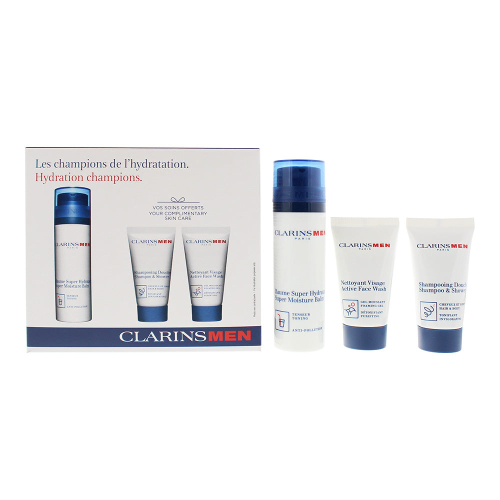 Clarins Hydration Essentials 3 Piece Gift Set: Super Moisture Balm 50ml - Shower Shampoo 30ml - Face Wash 30ml