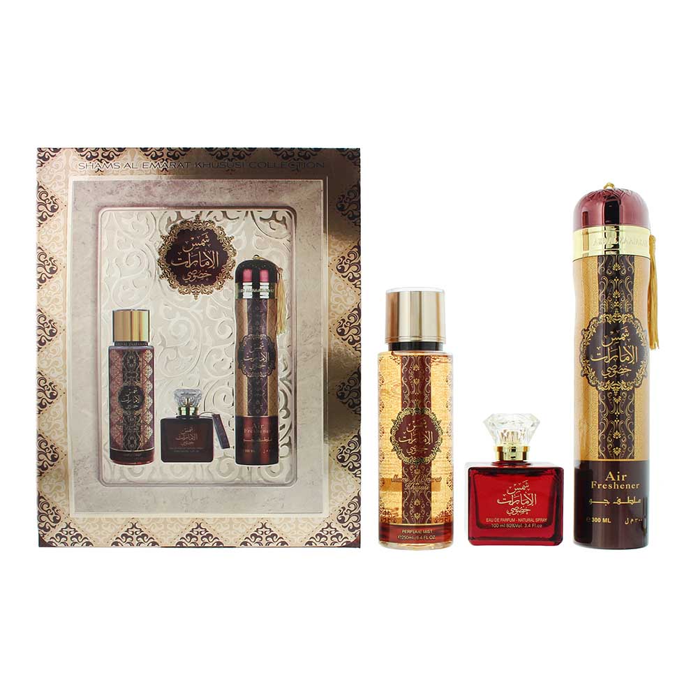 Ard Al Zaafaran Sham Al Emarat Khususi 3 Piece Gift Set: Eau De Parfum 100ml - Perfume Mist 250ml - Air Freshener 300ml