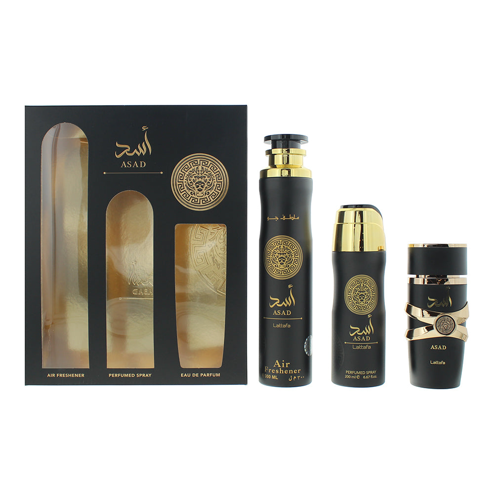 Lattafa Asad 3 Piece Gift Set: Eau de Parfum 100ml - Air Freshner 300 ml - Perfu