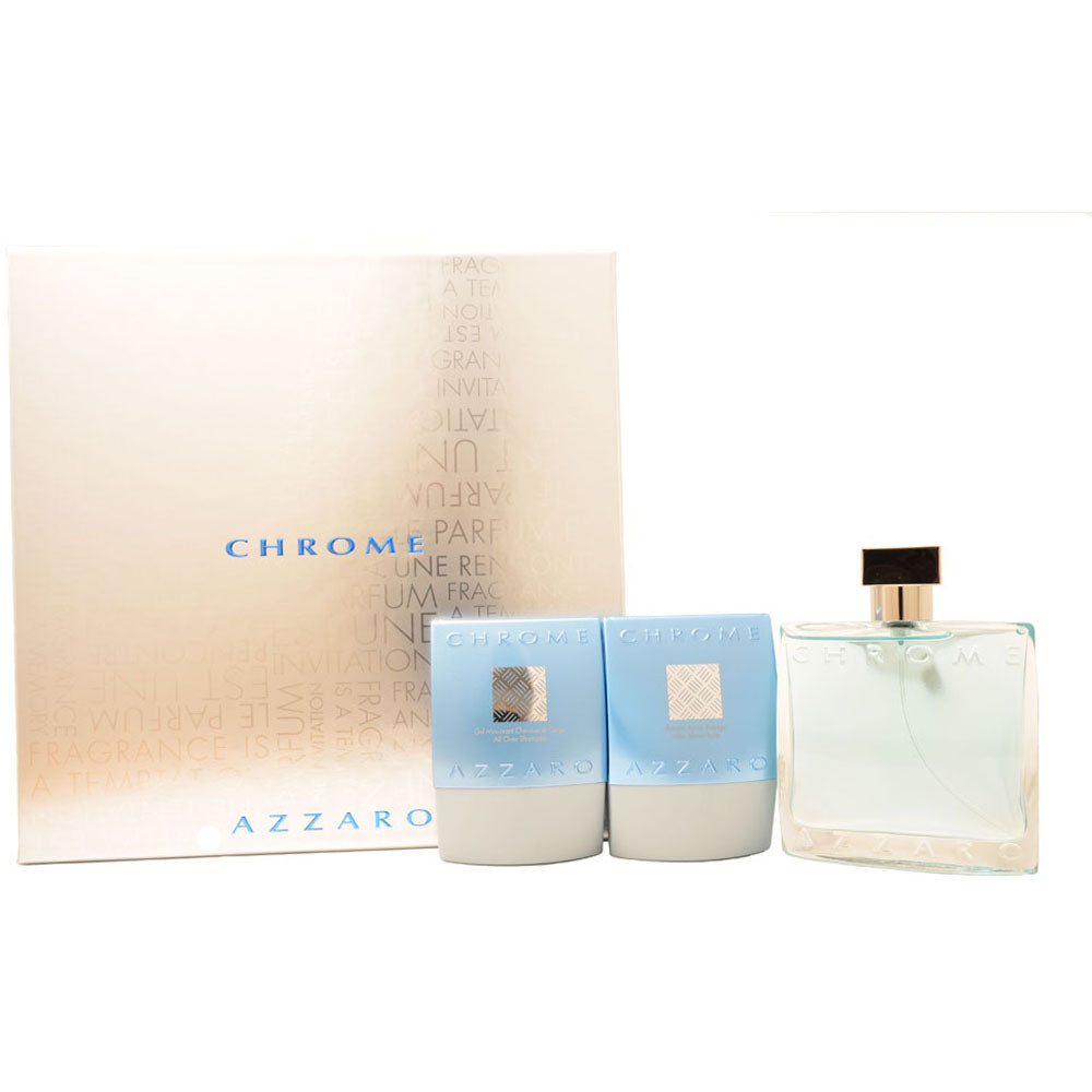 Azzaro Chrome Eau De Toilette 3 Piece Gift Set: Eau De Toilette 100ml - Aftershave Balm 75ml - All Over Shampoo 75ml