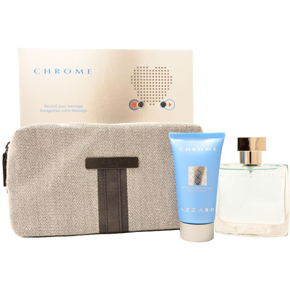 Azzaro Chrome Eau De Toilette 3 Piece Gift Set: Eau De Toilette 50ml - All Over Shampoo 50ml - Bag