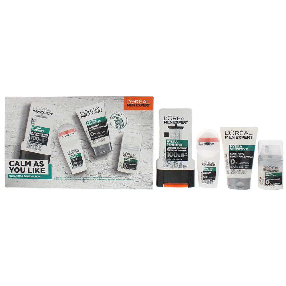 L'oreal Men Expert Sensitive 4 Piece Gift Set: Shower Gel 300ml - Deodorant Roll-On 50ml - Face Wash 100ml - Moisturiser 50ml