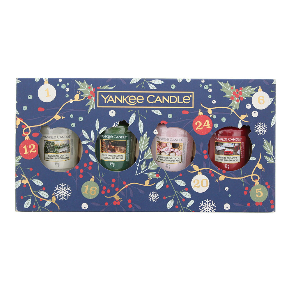 Yankee 4 Piece Gift Set: Twinkling Lights Candle 49g - Tree Farm Candle 49g - Letters To Santa Candle 49g - Christmas Eve Cocoa Candle 49g