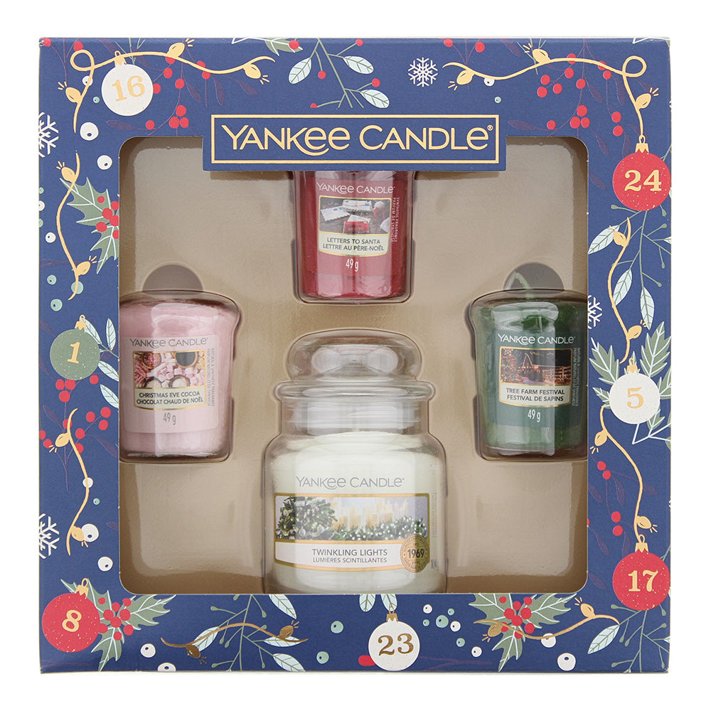 Yankee 4 Piece Gift Set: Twinkling Lights Candle 104g - Tree Farm Candle 49g - Letters To Santa Candle 49g - Christmas Eve Cocoa Candle 49g